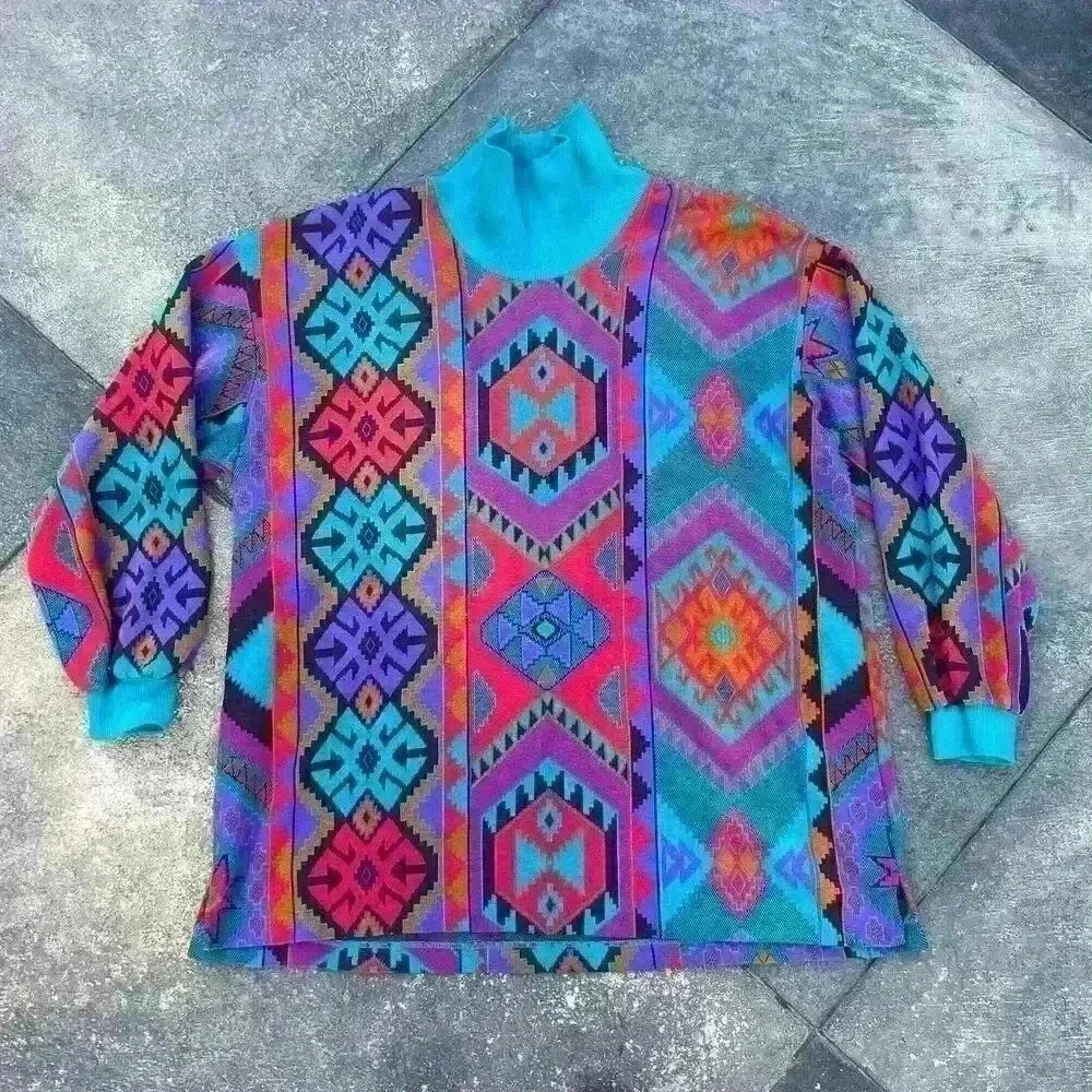 Vintage 90s Graff XL Mock Neck Quarter Sleeve Aztec/Tribal Print Multicolor‎